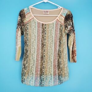 Edista Blouse Size Small Lace Front 3/4 Sleeve Striped